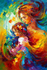mother with child painting using primary colors