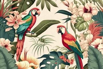 Illustration of a tropical rainforest with parrots. Generative AI. decorative background in soft colours