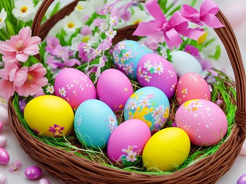 Colorful Easter Eggs in a Beautiful Brown Basket with Flowers, Generative AI