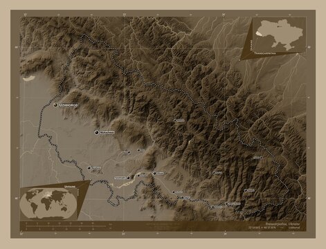 Transcarpathia, Ukraine. Sepia. Labelled points of cities