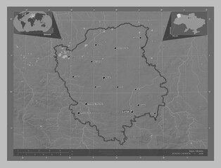 Volyn, Ukraine. Grayscale. Labelled points of cities