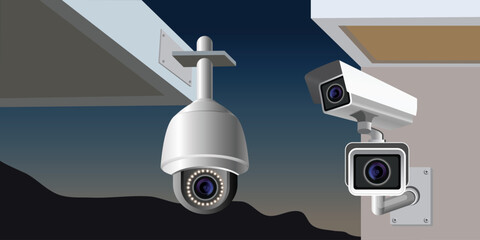 CCTV, Network speed dome camera. Ceiling mounts security IP cameras and surveillance system. Low light camera. Vector 3d illustration. © Jer