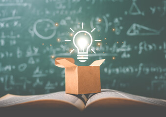 think outside the box on school green blackboard . startup education concept. creative idea....
