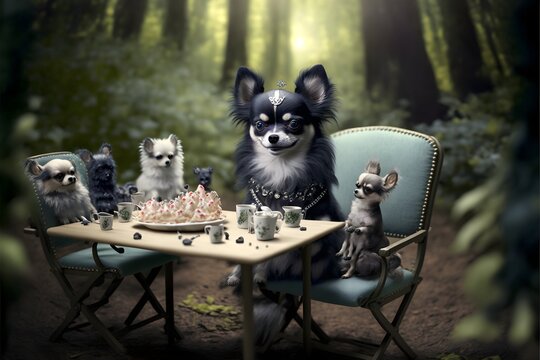black longhaired chihuaha with white coloring having a tea party with a bunch of small stuffed animals sitting in chairs at a long table outside in a forest clearing photography highly detailed 