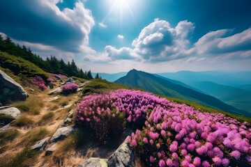 Fototapeta na wymiar Under a deep blue sky, magical pink rhododendron flowers bloom. Ukraine, the majestic Carpathians, and Europe. beauty industry