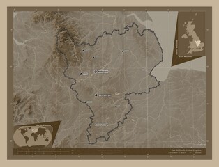 East Midlands, United Kingdom. Sepia. Labelled points of cities