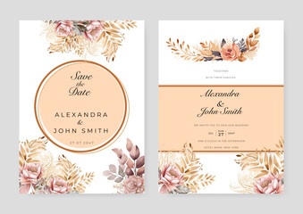 Pink rose flower floral vector beautiful gold flowers line art on wedding card template watercolor