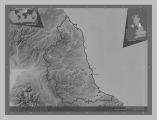 North East, United Kingdom. Grayscale. Labelled points of cities