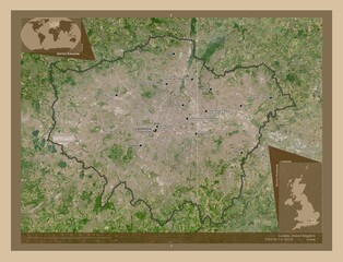 London, United Kingdom. Low-res satellite. Labelled points of cities