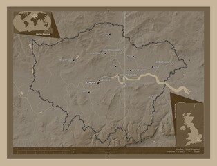 London, United Kingdom. Sepia. Labelled points of cities