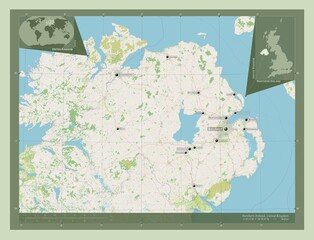 Northern Ireland, United Kingdom. OSM. Labelled points of cities