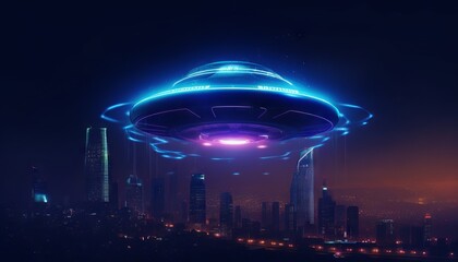 image of an illuminated UFO spaceship hovering over a dark city skyline, with a blue light portal open beneath it. Generative ai
