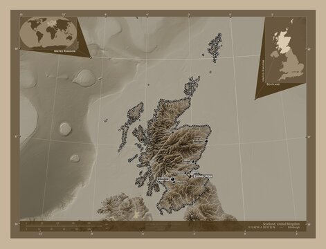 Scotland, United Kingdom. Sepia. Labelled points of cities