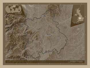 West Midlands, United Kingdom. Sepia. Labelled points of cities