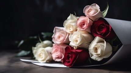 Obraz premium Bouquet of roses with white envelope. front view