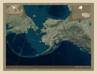 Alaska, United States of America. High-res satellite. Labelled points of cities