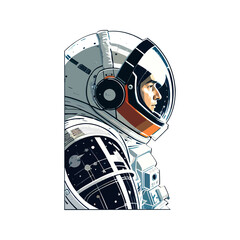 Retro astronaut sticker illustration. transparent background with a white-lined border. Stickers, astronaut, side view. Surreal art. Vector illustration style, Generative AI.
