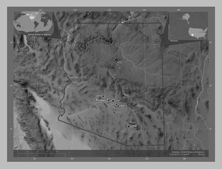 Arizona, United States of America. Grayscale. Labelled points of cities