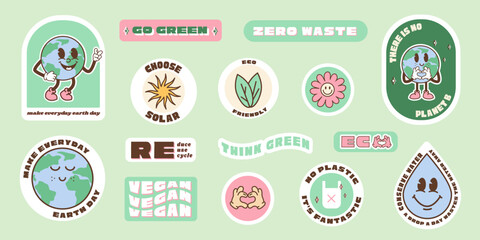 Save the planet stickers in trendy retro cartoon style. Sticker pack for Earth or World Environment Day. Funny vector illustration of planet Earth, globe with smiley face. Eco green labels or badges.