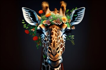 Giraffe portrait with flowers and leaves, Creative animal portrait, grey background, Generative AI
