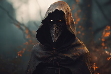 Mystical evil warrior in hood and mask with glowing eyes, an ancient mysterious person in autumn forest. Fantasy illustration, Generative AI - obrazy, fototapety, plakaty
