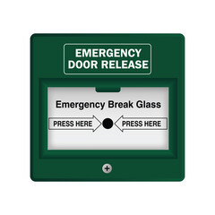 Green Emergency exit unlocking box, Break Glass Operated. Emergency door release. A green emergency door release button isolated on a white background. 