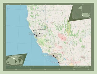 California, United States of America. OSM. Labelled points of cities