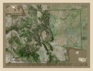 Colorado, United States of America. High-res satellite. Labelled points of cities