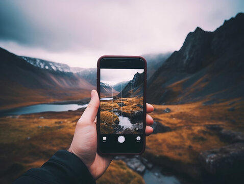 Person holding a smartphone and taking a photo of a scenic landscape.