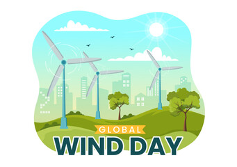 Global Wind Day Vector Illustration on June 15 with Earth Globe and Winds Turbines on Blue Sky in Flat Cartoon Hand Drawn Landing Page Templates