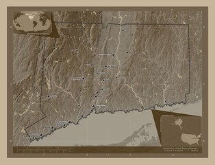 Connecticut, United States of America. Sepia. Labelled points of cities