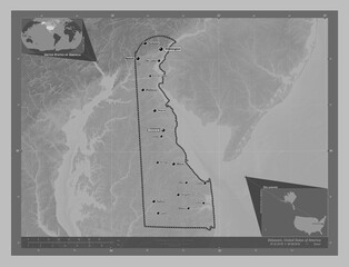Delaware, United States of America. Grayscale. Labelled points of cities
