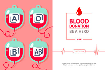 A, B, O, AB Blood bag donate. Give Blood for poster, banner, and background. Vector illustration flat design fot blood donation day concept.