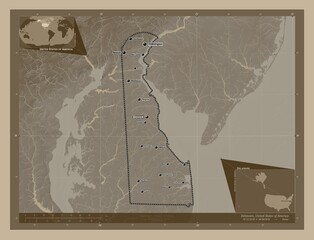 Delaware, United States of America. Sepia. Labelled points of cities