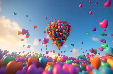 Colorful heart shape balloon with blue sky. Valentine's day background with heart shaped balloons. Generative Ai.