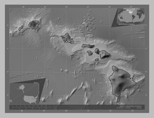 Hawaii, United States of America. Grayscale. Labelled points of cities