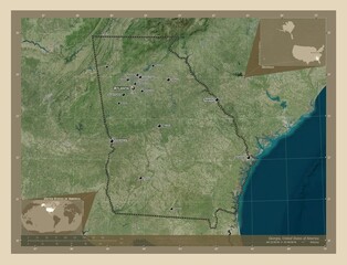 Georgia, United States of America. High-res satellite. Labelled points of cities