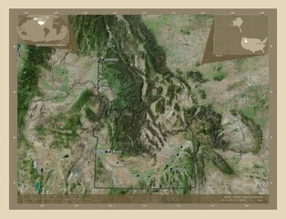 Idaho, United States of America. High-res satellite. Labelled points of cities