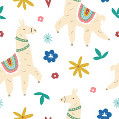 Vector seamless pattern with cute lamas in bright colors in scandinavian style. Cute cartoon lama. Ideal for children's printed materials. © Ольга Агуреева