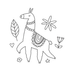 Cute vector poster with llama surrounded by tropical plants in doodle style for your design