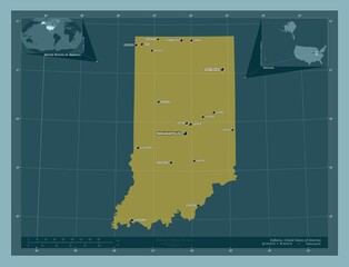 Indiana, United States of America. Solid. Labelled points of cities - obrazy, fototapety, plakaty