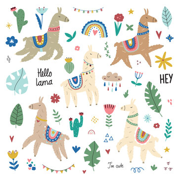 Set of cute llamas, alpacas, cacti, tropical plants and scandinavian elements. Vector funny hand drawn illustration isolated on white background for your design