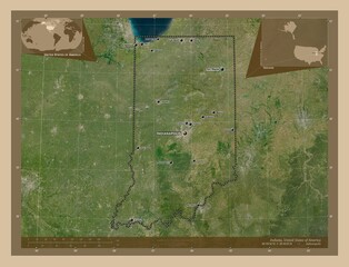 Indiana, United States of America. Low-res satellite. Labelled points of cities