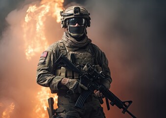 Fototapeta premium 4th of July concep. portrait of A soldier in front of a flag of the USA. The soldier with the gun in front of a flag. portrait soldie standing in front of usa flag. Non-existent person. Generative Ai