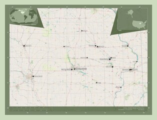 Iowa, United States of America. OSM. Labelled points of cities