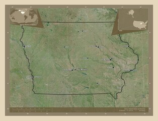 Iowa, United States of America. High-res satellite. Labelled points of cities