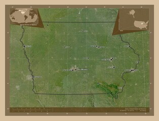 Iowa, United States of America. Low-res satellite. Labelled points of cities