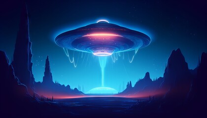image of an illuminated UFO spaceship emerging from a portal in the sky, as a blue light envelops the surrounding area. Generative ai