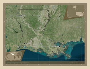 Louisiana, United States of America. High-res satellite. Labelled points of cities