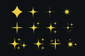 Yellow, gold, orange sparks vector symbols. Set of original vector star sparkle icon. Glowing fireworks, glowing decorations, glowing lightning bolts. Collection of stars and bursts of glowing light e